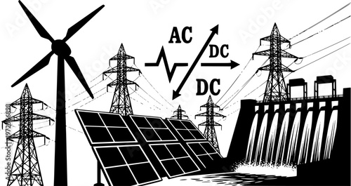 Green sustainability and solar energy technology icon set featuring simple black silhouettes of solar panels and power source symbols – Black and White Vector Illustration