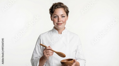 A young Caucasian woman with short brown hair holds a wooden spoon and a bowl. She wears a white chef's coat, smiling confidently against a plain background.
