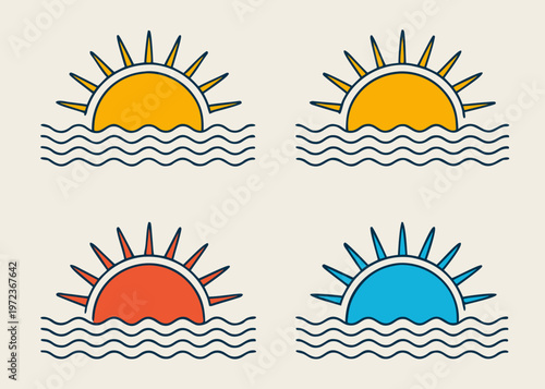 Four stylized semi-circular sun icons with pointed rays in yellow, orange, and blue rise above black wavy lines on a cream colored background.