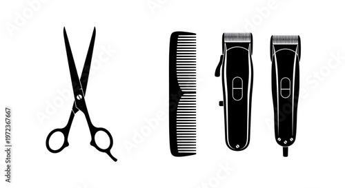 Barber Tools: Scissors, Comb, and Clippers - Black and White Icons