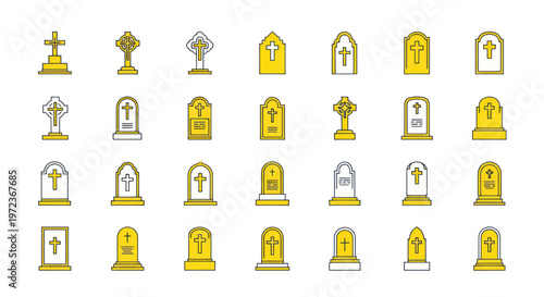 Collection of Christian Cross Tombstone Icons, Cemetery Memorial Gravestone Symbols