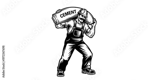 Vintage Style Vector Illustration of a Strong Laborer Carrying a Heavy Sack of Cement, Construction Worker Mascot