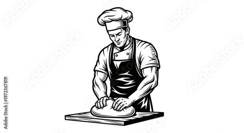 Professional Chef in Hat and Apron Kneading Bread Dough on Wooden Board, Vintage Style Vector Illustration for Bakery and Restaurant Design