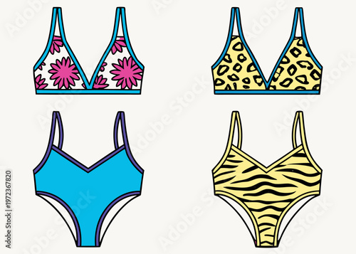 Four items of women's swimwear including a pink floral top, a leopard print top, a blue bottom, and a tiger-striped bottom on an off-white backdrop.