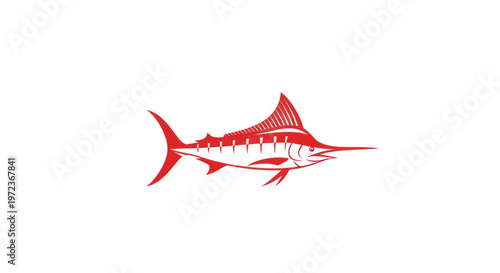 Red Marlin Silhouette, Ocean Sport Fishing Symbol, Isolated White Background
