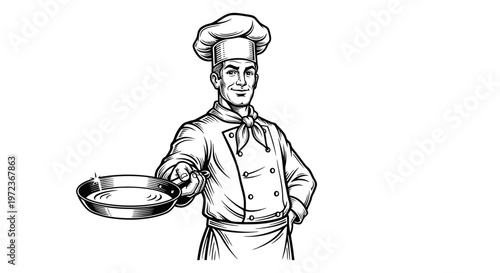 Smiling Professional Chef in Traditional Uniform Holding a Frying Pan, Retro Vintage Woodcut Style Vector Illustration
