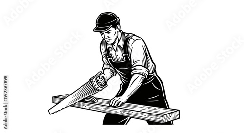 Vintage Woodcut Illustration of a Carpenter Cutting a Wood Plank with a Handsaw