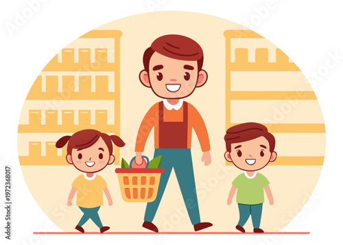 A smiling father carrying a shopping basket walks between his daughter and son through a grocery store aisle with yellow shelves in a circle.