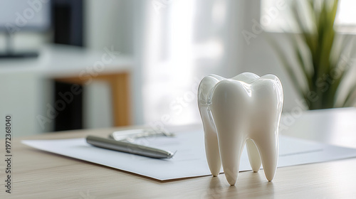 Tooth model document pen sunlight dental office white healthcare professional clean. tooth model sits document with pen sunlight evoking
