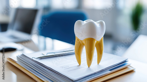 Tooth model document dental office education yellow white anatomy healthcare sunlight. Tooth model document stack dental office sunlight