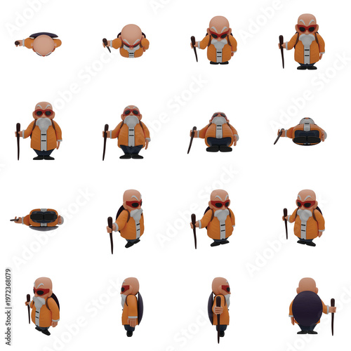 Stylized 3D Wise Old Monk Character with Staff and Sunglasses – 360° Rotation Multi-Angle Render, Isolated on Transparent Background