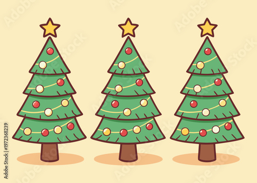 Three identical green Christmas trees with red and white ornaments and a yellow star topper stand in a row on a solid light yellow background.