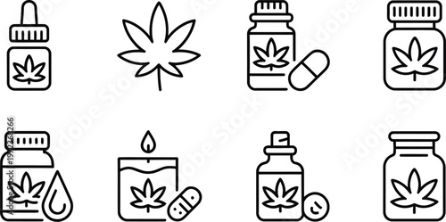 Set of cannabis icons, marijuana leaf, oil, pills, and products