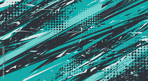 Abstract Racing Background with Teal and Black Geometric Shapes and Halftone Dots for Car Wrap and Sports Design