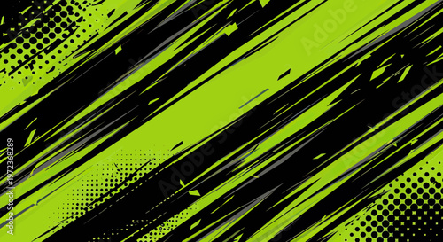 Abstract Dynamic Neon Green and Black Grunge Background with Diagonal Lines, Halftone Dots, and Urban Street Art Style