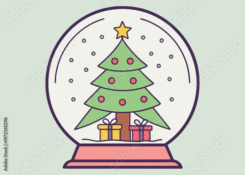 A decorative snow globe features a small green Christmas tree with a star topper and two wrapped presents inside against a light mint green background.