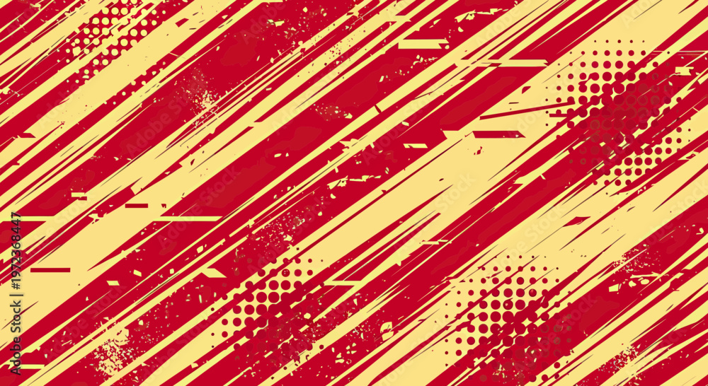 Fototapeta premium Abstract Grunge Urban Background with Dynamic Red and Yellow Diagonal Stripes and Halftone Dots Texture
