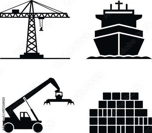Logistics and shipping icons set with crane ship reach stacker