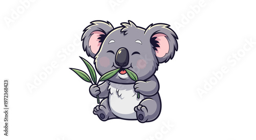 Cute Cartoon Koala Character Sitting and Eating Green Eucalyptus Leaves Isolated on White Background