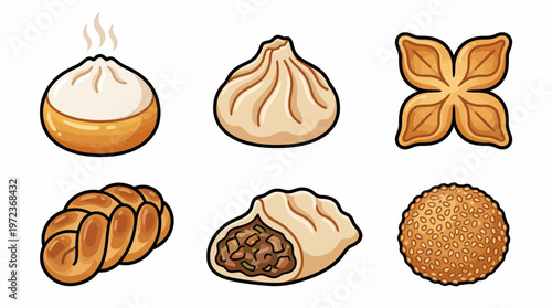 Delicious Bread and Pastry Vector Illustration Set | Cartoon Style Cinnamon Roll, Bun, Challah, Hot Cross Bun, Panettone, Twisted Pastry Vector Icons for Bakery Design
