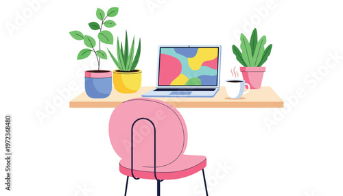 A colorful modern home office setup featuring a laptop and potted plants on wooden desk