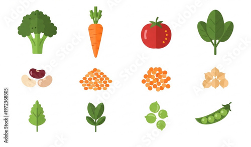 Vegetables and legumes vector bundle with healthy diet and plant based food icons