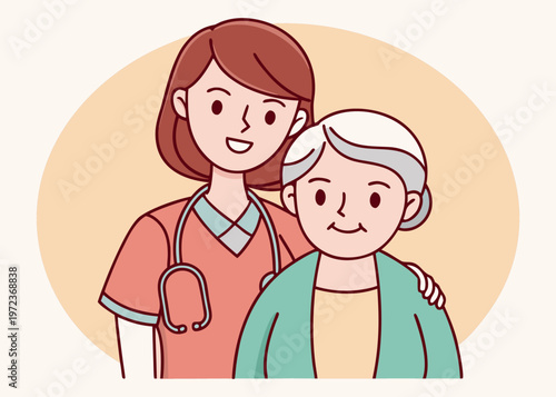 A female nurse wearing pink scrubs and a stethoscope stands behind an elderly woman with white hair against a peach circular background.