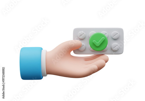 3D Cartoon Hand Holding Approved Medicine Pack with Checkmark