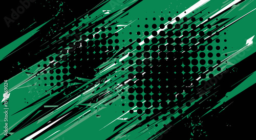 Abstract Green and Black Dynamic Racing Background with Grunge Texture, Halftone Dots, and Diagonal Stripes for Sports, Gaming, or Car Wrap Design
