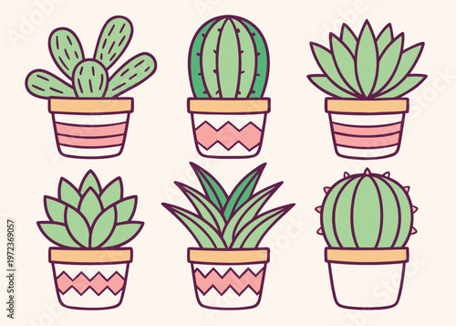 Six green cacti and succulents in pink and white patterned pots are presented in a two-by-three grid on a cream background.