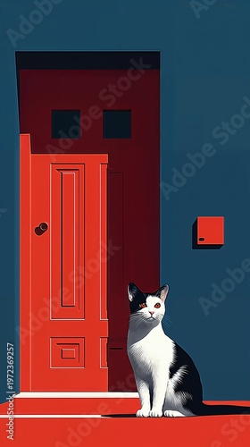 Black and white cat sitting in front of red door on blue wall