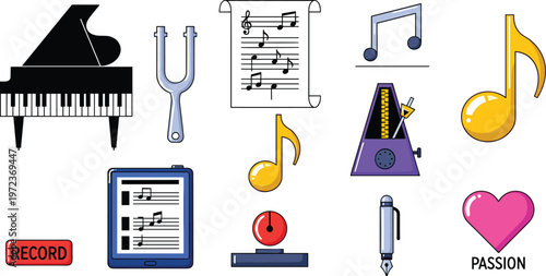 Music and Sound Icons Set Featuring Piano, Notes, Metronome, Record Button, and Musical Passion Elements for Artistic and Audio Projects