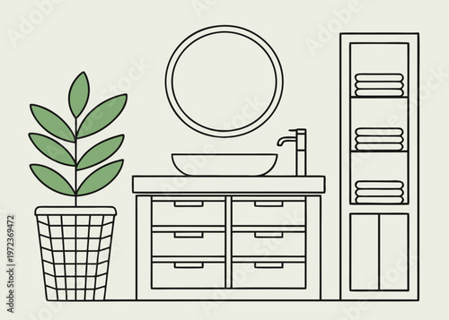 Minimalist bathroom design showing a wide six-drawer vanity with a white sink, a tall towel cabinet, and a large plant in a patterned pot.