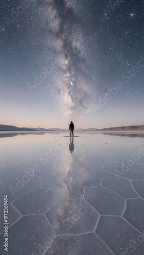 Person standing on reflective salt flat under starry night sky