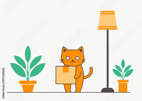 A cute orange cat standing in a room holding a cardboard moving box between two green potted plants and a tall floor lamp.