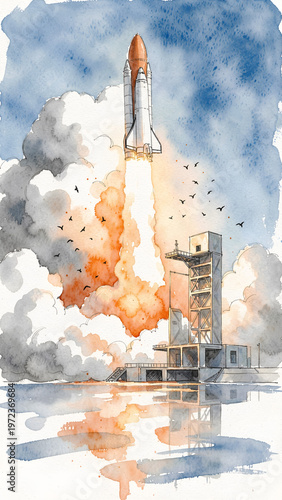 Rocket launch with flames and smoke against blue sky background