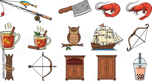 Outdoor adventure and lifestyle hobby flat icon set