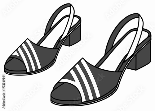 Stylish black open toe slingback heels for women featuring a chunky block heel and white diagonal stripes on a plain white background.
