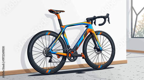 Modern road bike with colorful design.