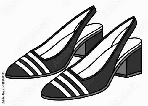 Elegant black pointed toe slingback pumps with block heels and horizontal white stripes shown as a pair on a plain white background.