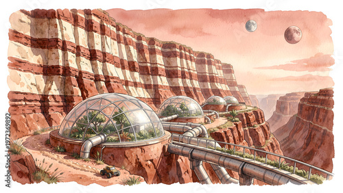 Futuristic Martian habitat with bio-domes in desert landscape