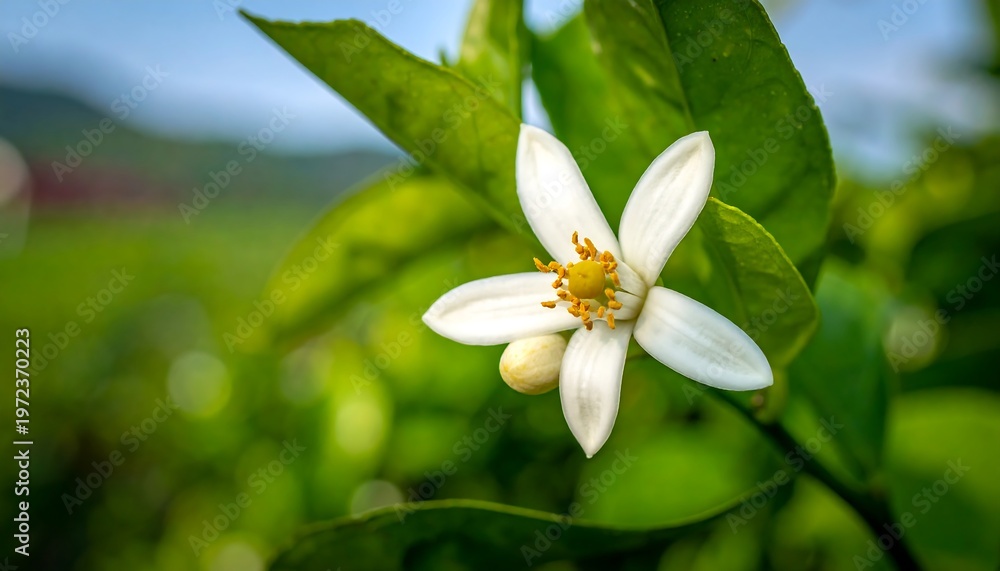 Fototapeta premium Close-up of a delicate white citrus flower blooming in sunlight.