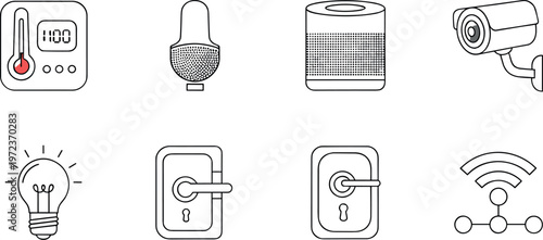Smart home and IoT line icons set with thermostat speaker security camera smart lock lighting and wireless automation technology vector illustration