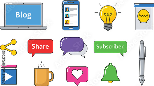 Social Media and Blogging Icons Set Featuring Laptop, Mobile, Share Button, Subscriber, and Communication Elements for Digital Content Creation