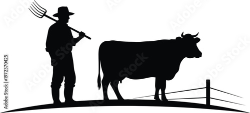 Farmer silhouette with cow and pitchfork on a hill, rural agriculture landscape vector, black farm animal and rancher icon for dairy branding