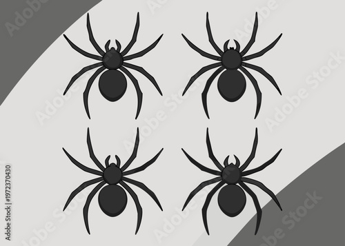 Four solid black spider silhouettes are positioned in a square formation on a diagonally divided light and dark grey backdrop without details.