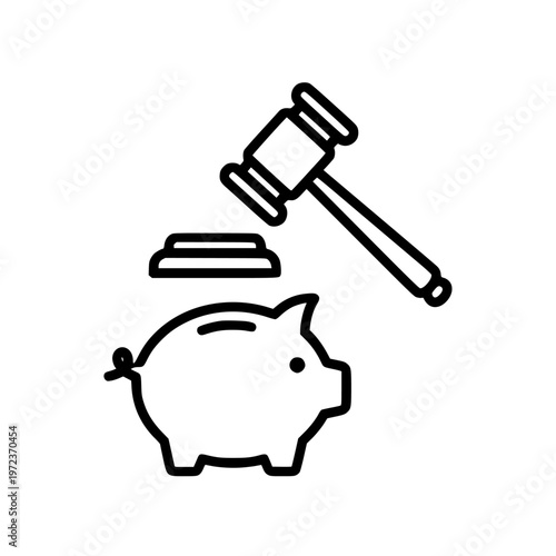 Gavel and Piggy Bank Icon Symbolizing Financial Justice, Legal Decisions on Savings, Debt Recovery, or Auctioning Assets