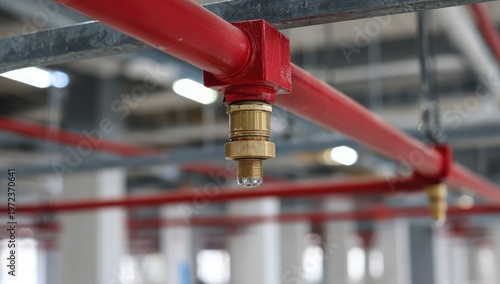Close-up of a red fire sprinkler system pipe with a sprinkler head.