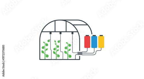 Greenhouse with Colorful Water Tanks Inside.