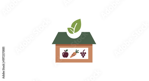 Greenhouse with vegetables on sign.